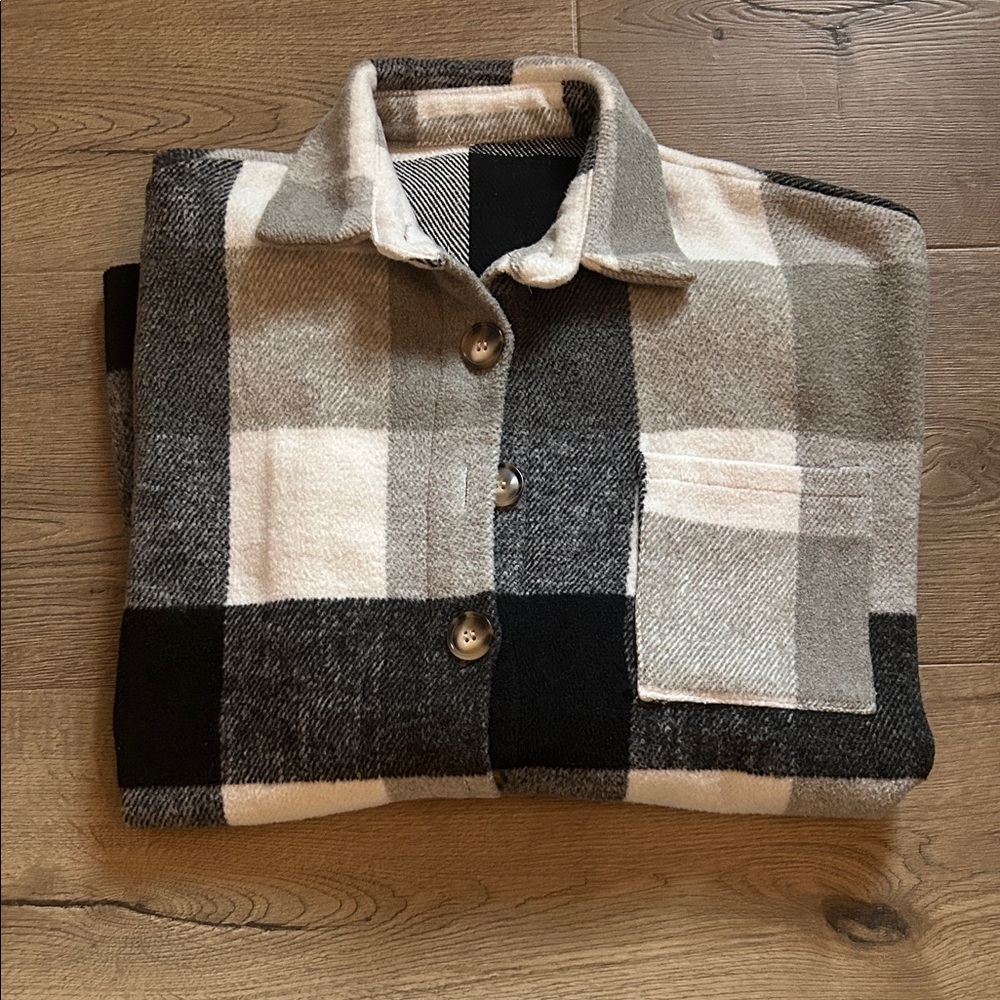 Neutral Plaid Button-Up Shirt Flannel Jacket - Black, Gray, Cream